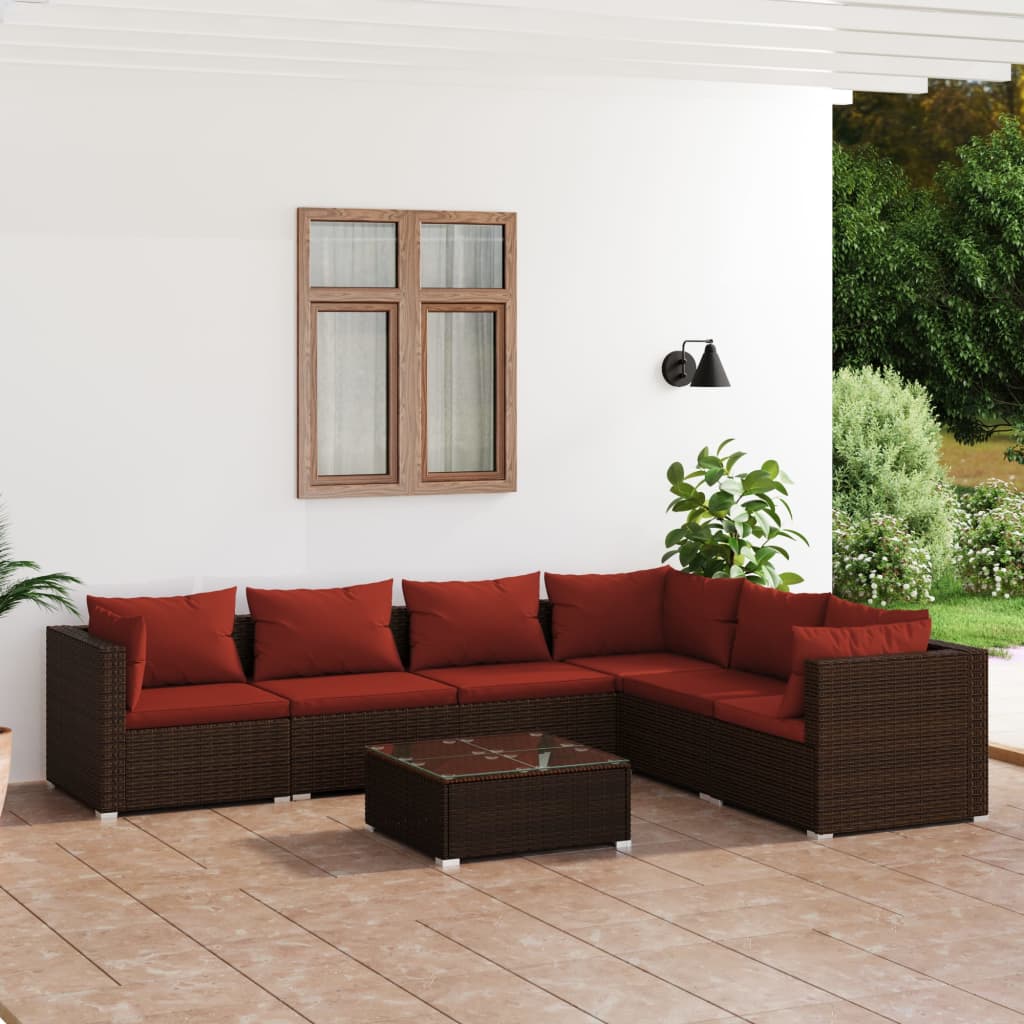 4-Delige Loungeset Met Kussens Poly Rattan Bruin En Kaneelrood