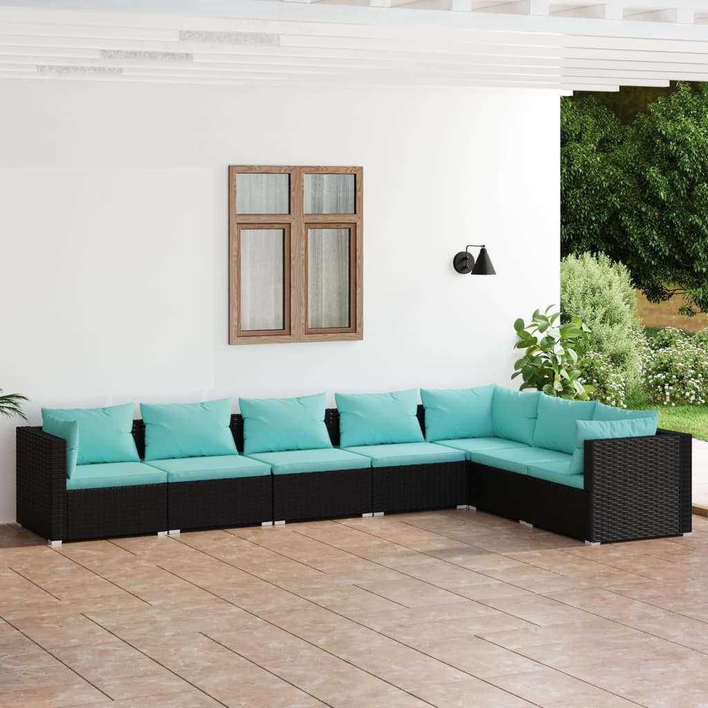 4-Delige Loungeset Met Kussens Poly Rattan Zwart En Waterblauw