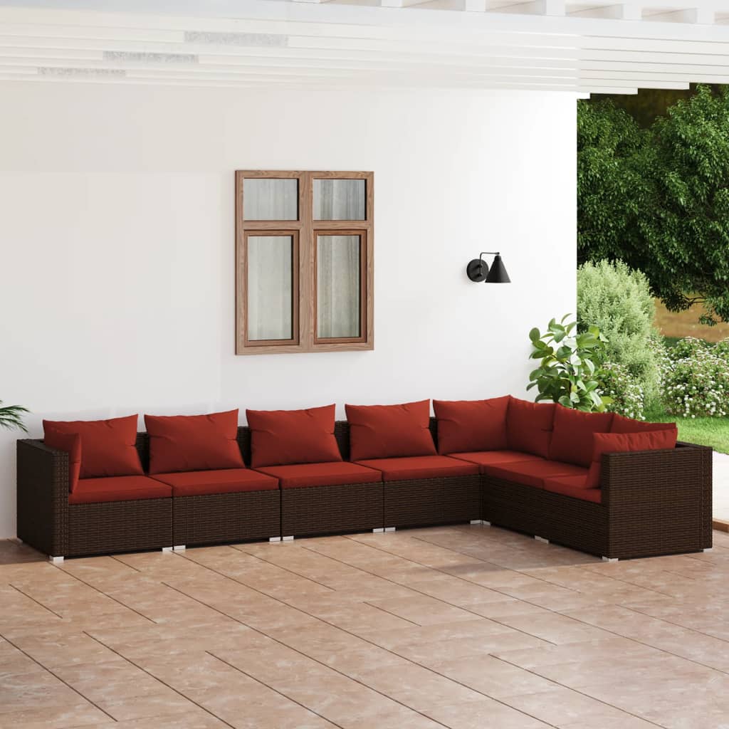 4-Delige Loungeset Met Kussens Poly Rattan Bruin En Kaneelrood