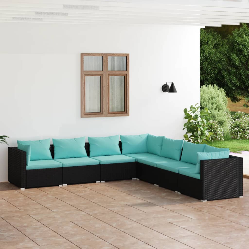 4-Delige Loungeset Met Kussens Poly Rattan Zwart En Waterblauw