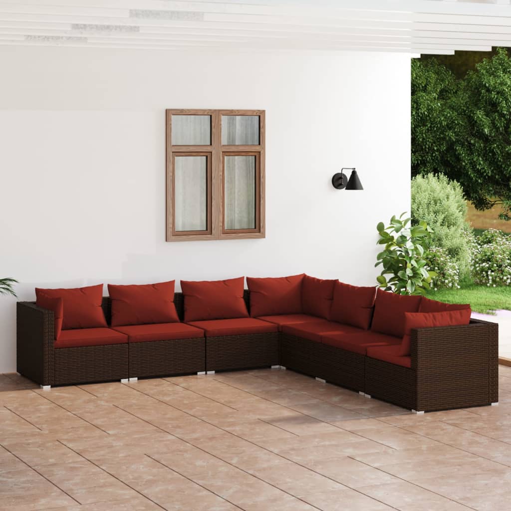 4-Delige Loungeset Met Kussens Poly Rattan Bruin En Kaneelrood