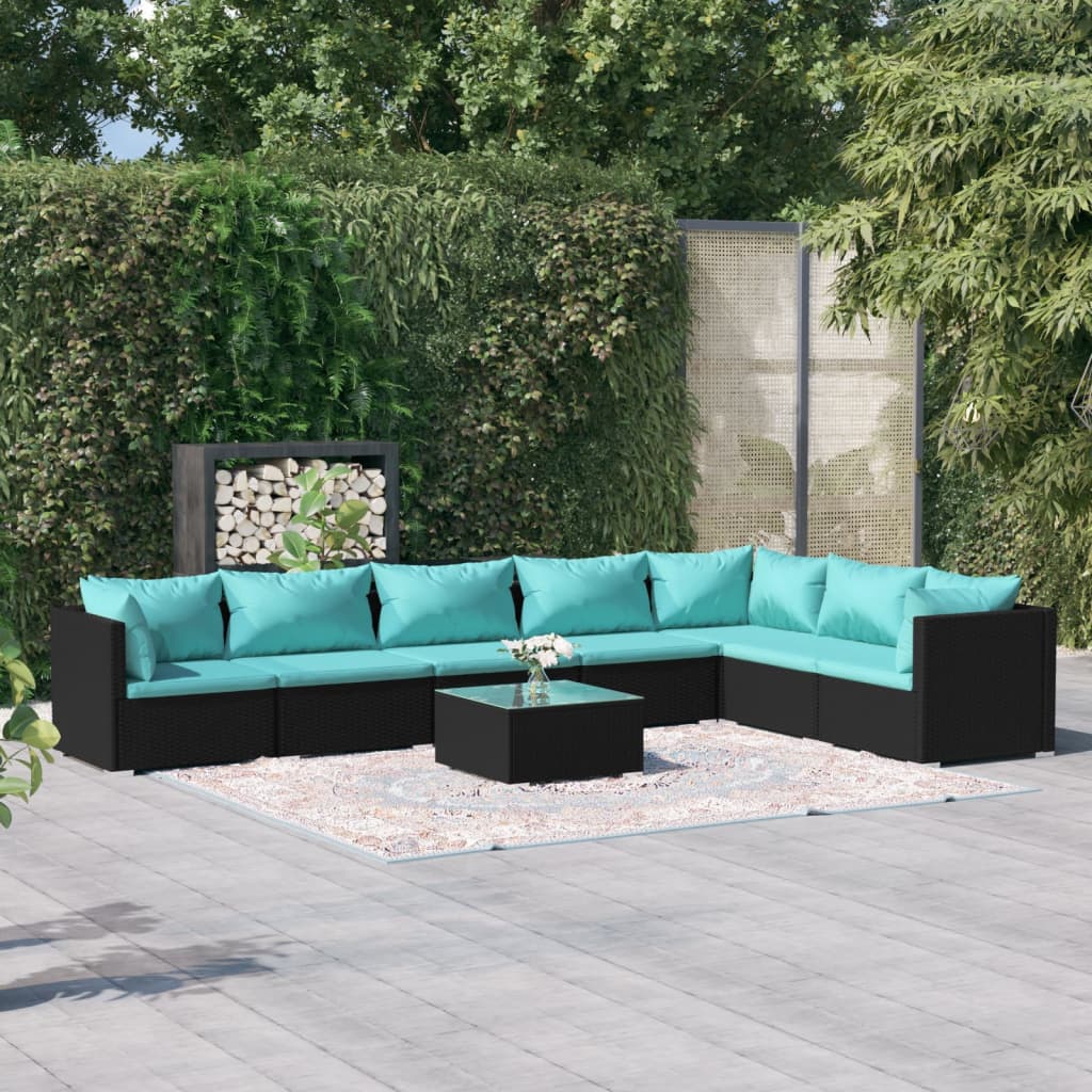 4-Delige Loungeset Met Kussens Poly Rattan Zwart En Waterblauw