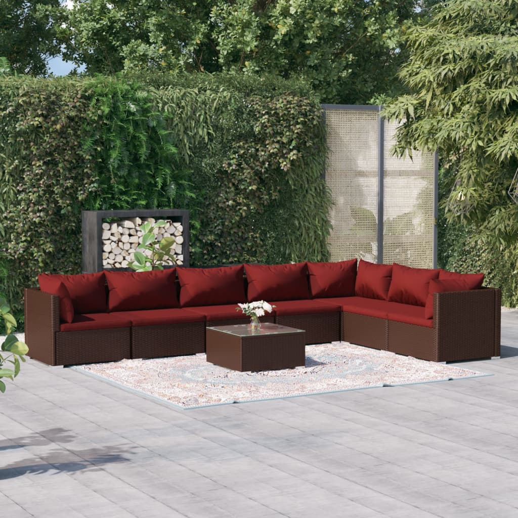 4-Delige Loungeset Met Kussens Poly Rattan Bruin En Kaneelrood