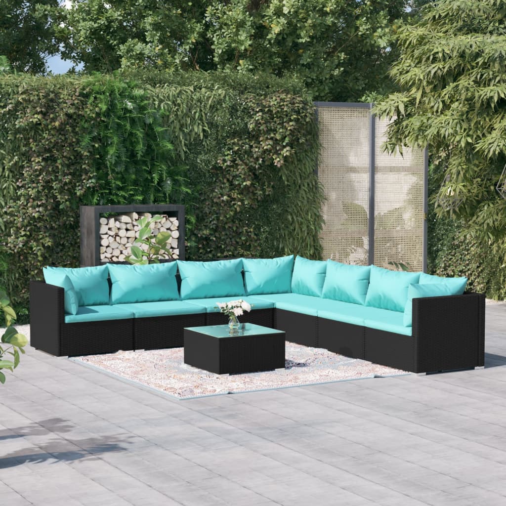 4-Delige Loungeset Met Kussens Poly Rattan Zwart En Waterblauw