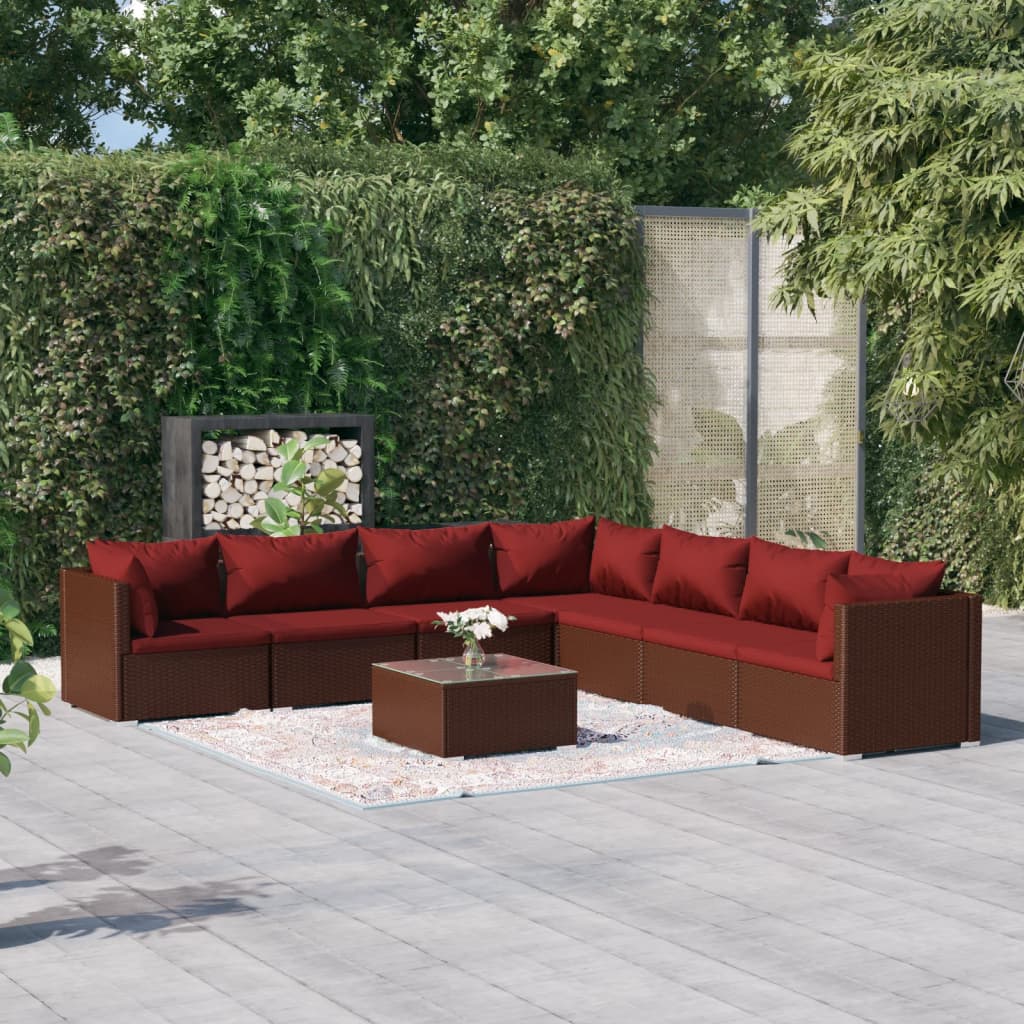 4-Delige Loungeset Met Kussens Poly Rattan Bruin En Kaneelrood