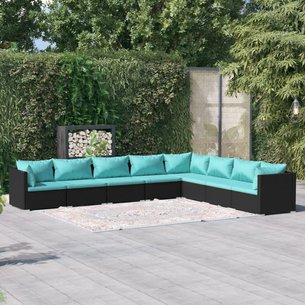 4-Delige Loungeset Met Kussens Poly Rattan Zwart En Waterblauw