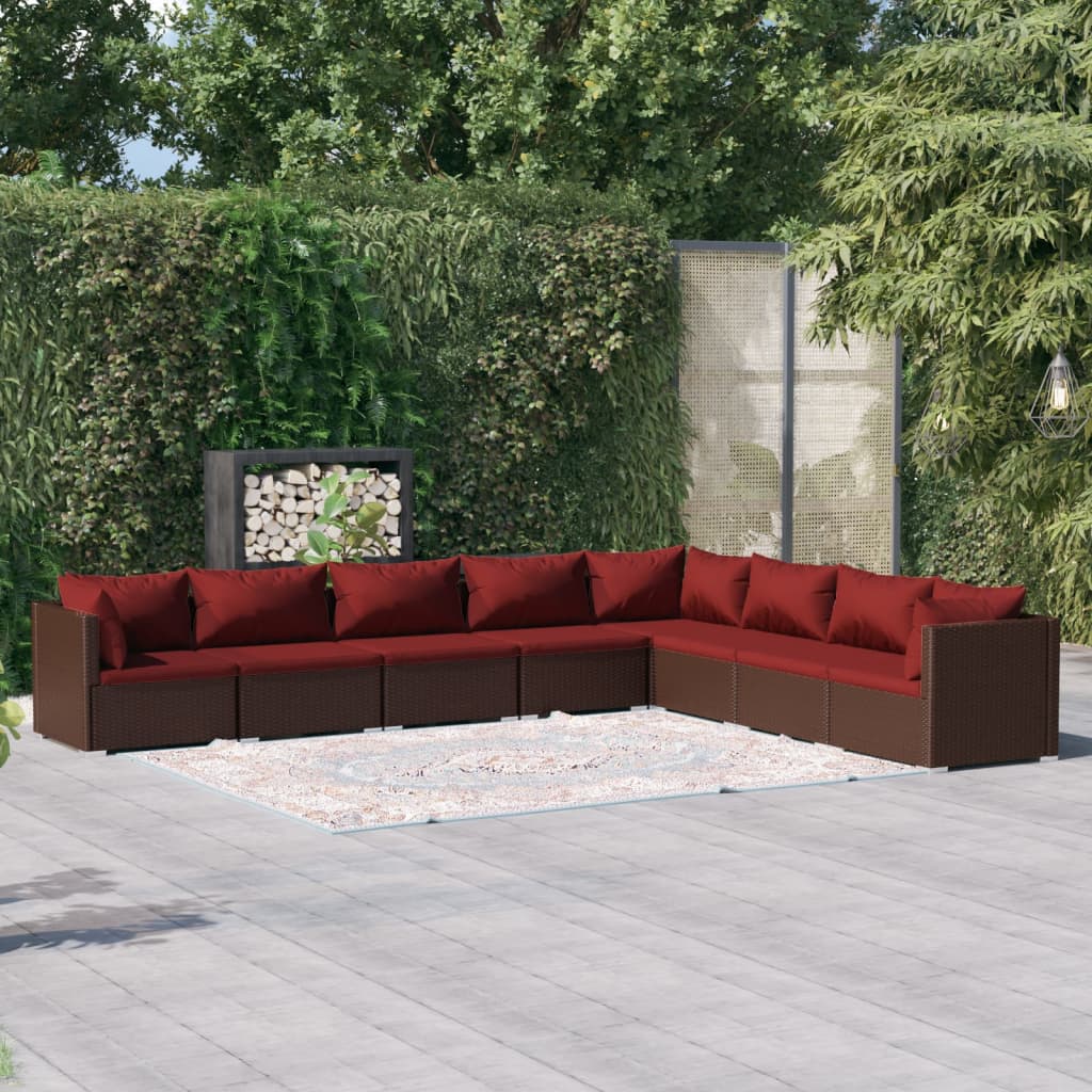 4-Delige Loungeset Met Kussens Poly Rattan Bruin En Kaneelrood