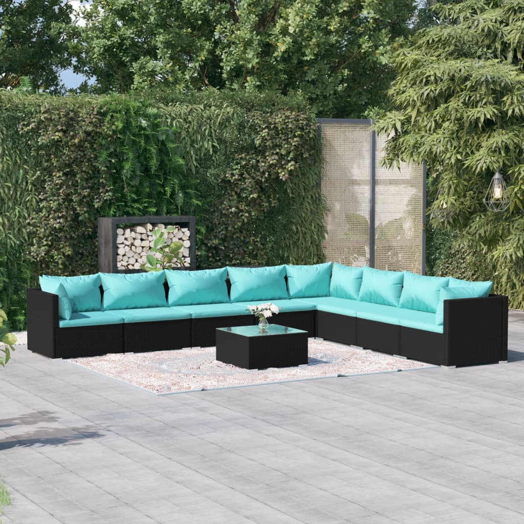 4-Delige Loungeset Met Kussens Poly Rattan Zwart En Waterblauw