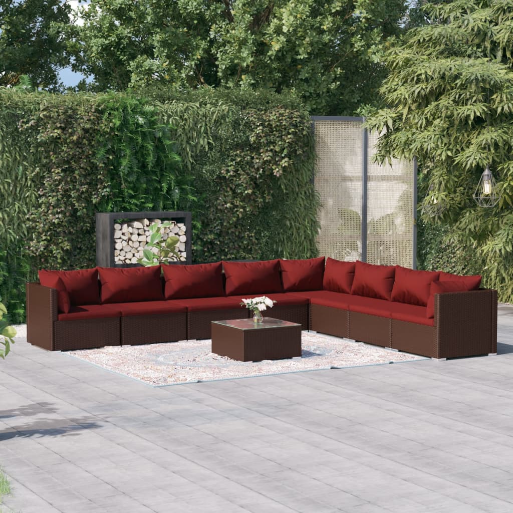 4-Delige Loungeset Met Kussens Poly Rattan Bruin En Kaneelrood