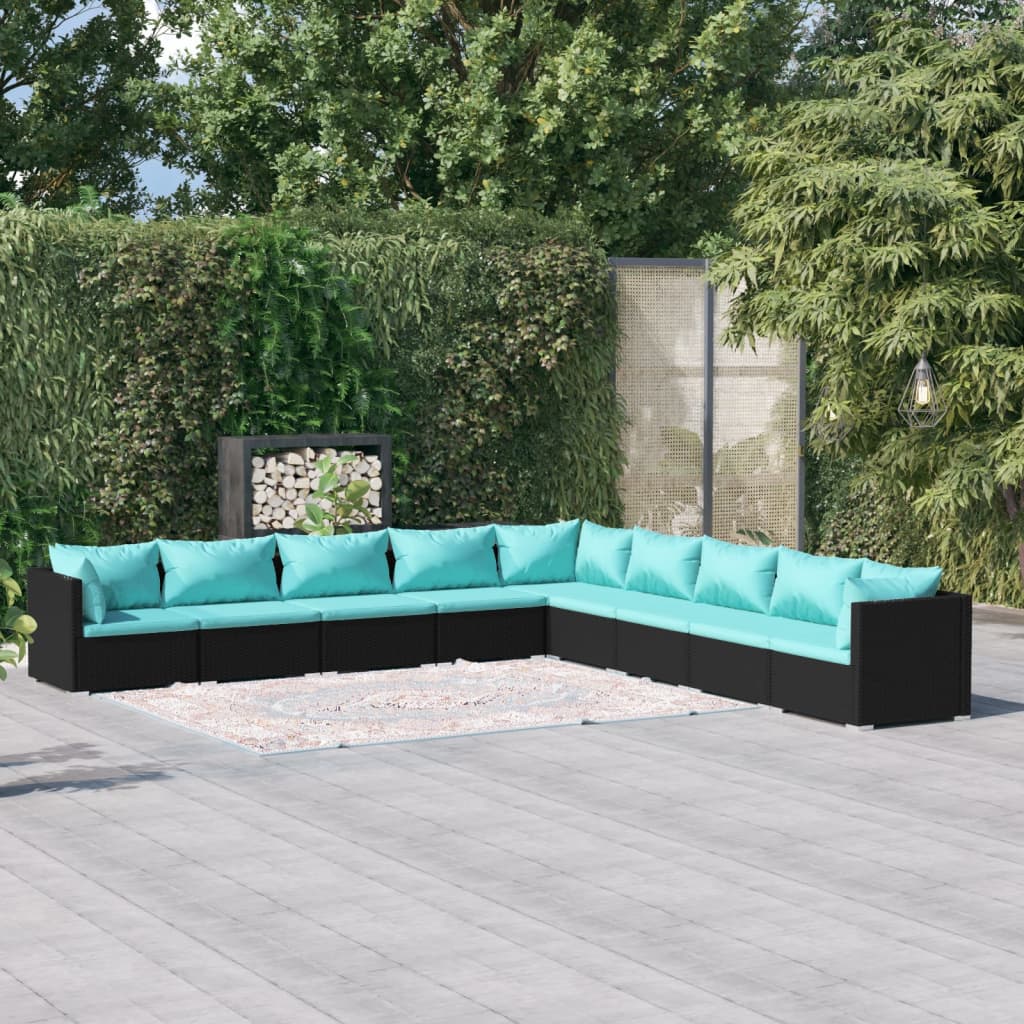 4-Delige Loungeset Met Kussens Poly Rattan Zwart En Waterblauw