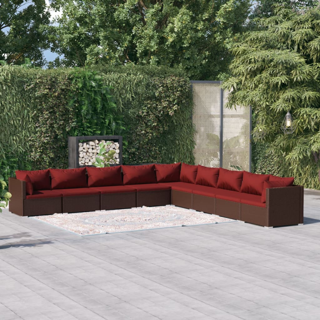 4-Delige Loungeset Met Kussens Poly Rattan Bruin En Kaneelrood