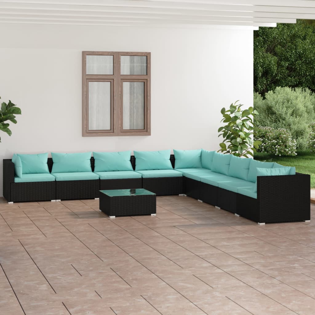 4-Delige Loungeset Met Kussens Poly Rattan Zwart En Waterblauw