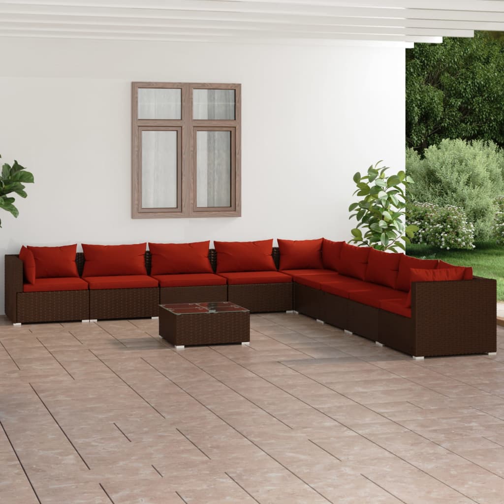 4-Delige Loungeset Met Kussens Poly Rattan Bruin En Kaneelrood