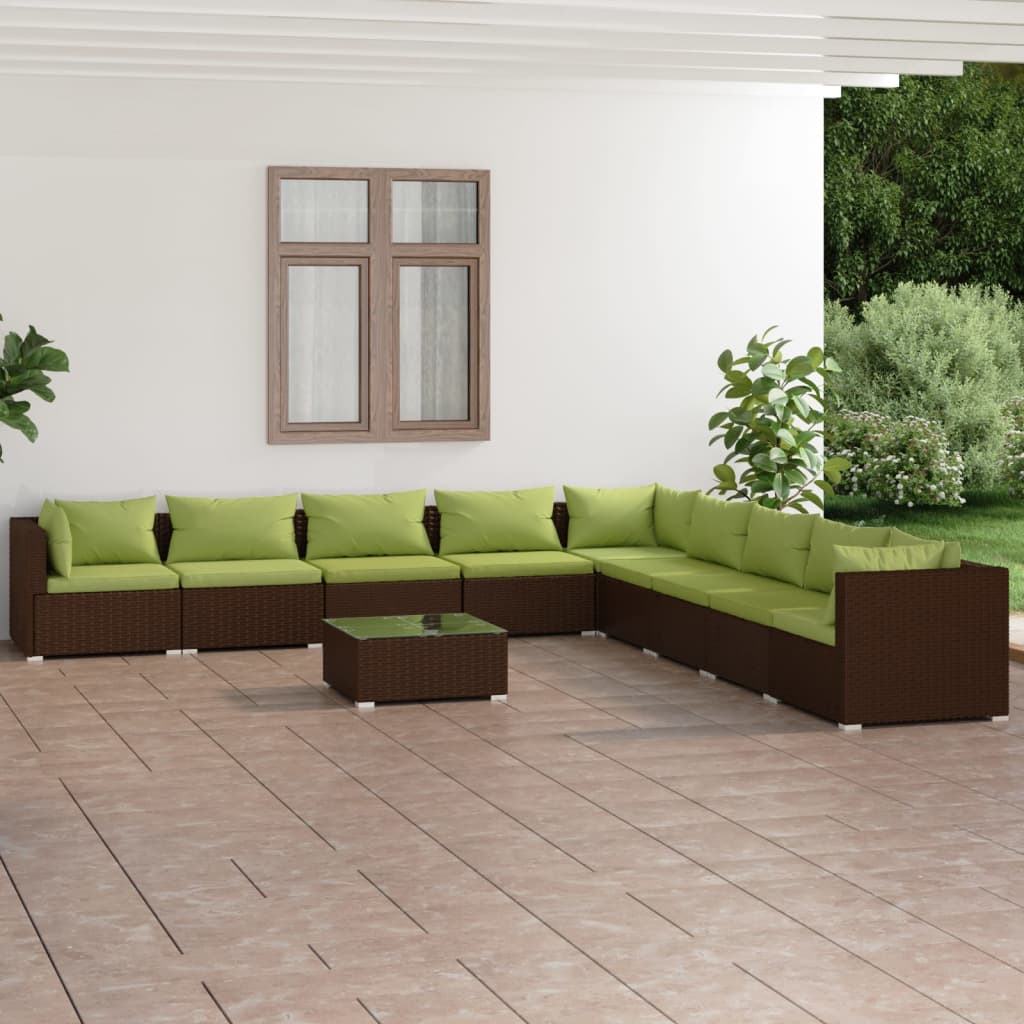 4-Delige Loungeset Met Kussens Poly Rattan Bruin En Groen