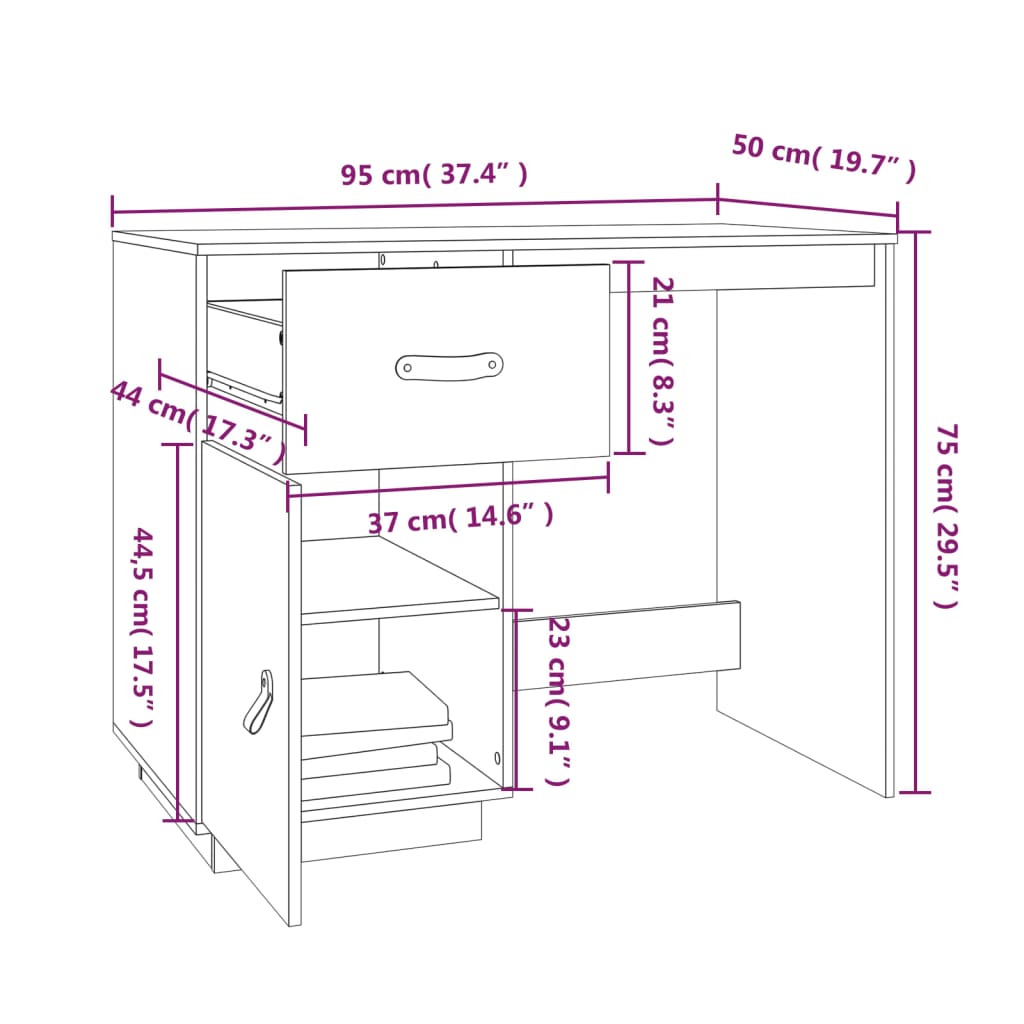 Bureau 95X50X75 Cm Massief Grenenhout