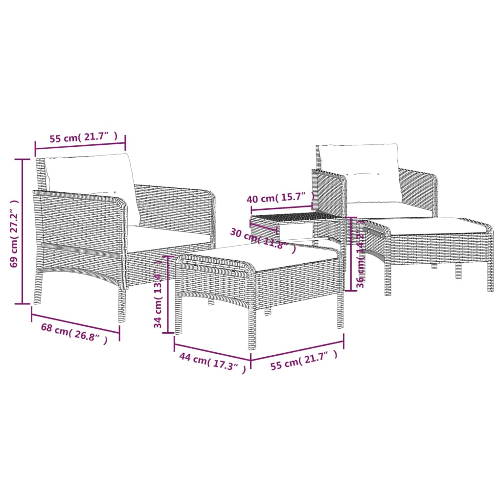 5-Delige Loungeset Met Kussens Poly Rattan
