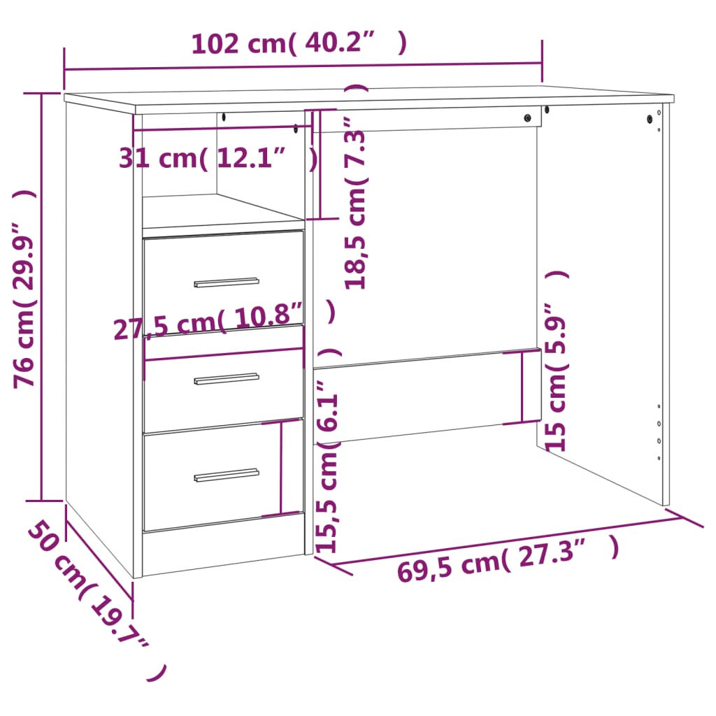 Bureau Met Lades 102X50X76 Cm Bewerkt Hout