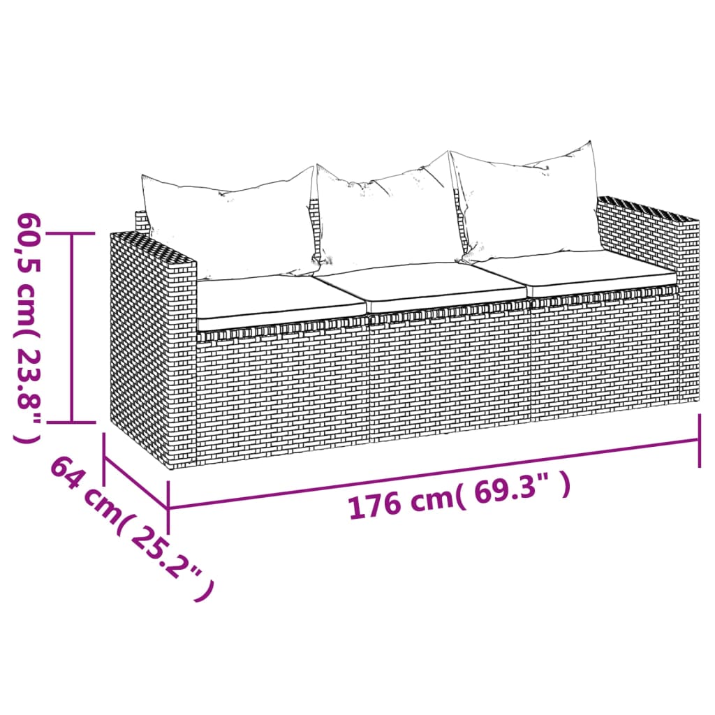 Tuinbank 3-Zits Met Kussens Poly Rattan Grijs