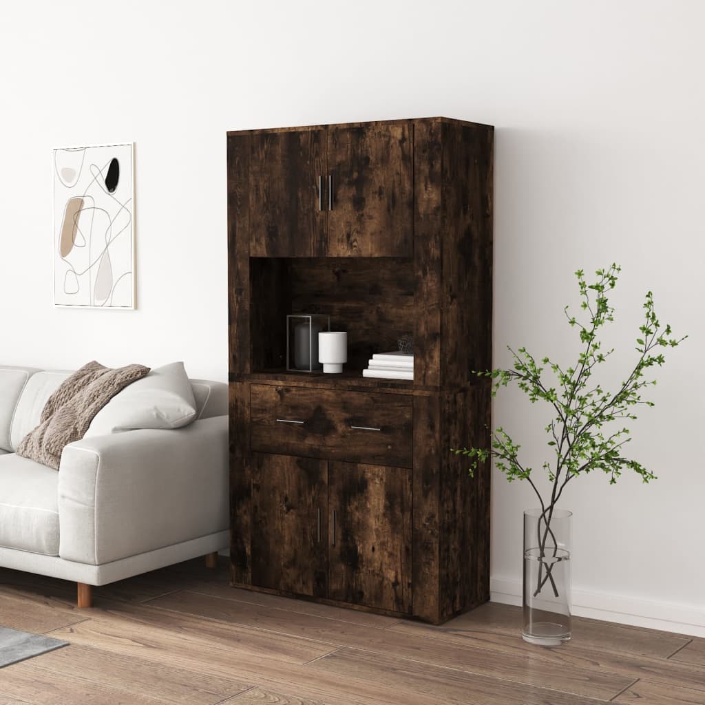 Hoge Kast Bewerkt Hout Gerookt Eikenkleurig