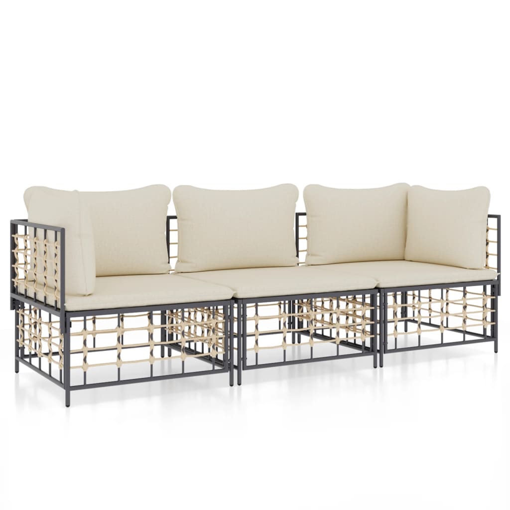 3-Delige Loungeset Met Kussens Poly Rattan Antracietkleurig