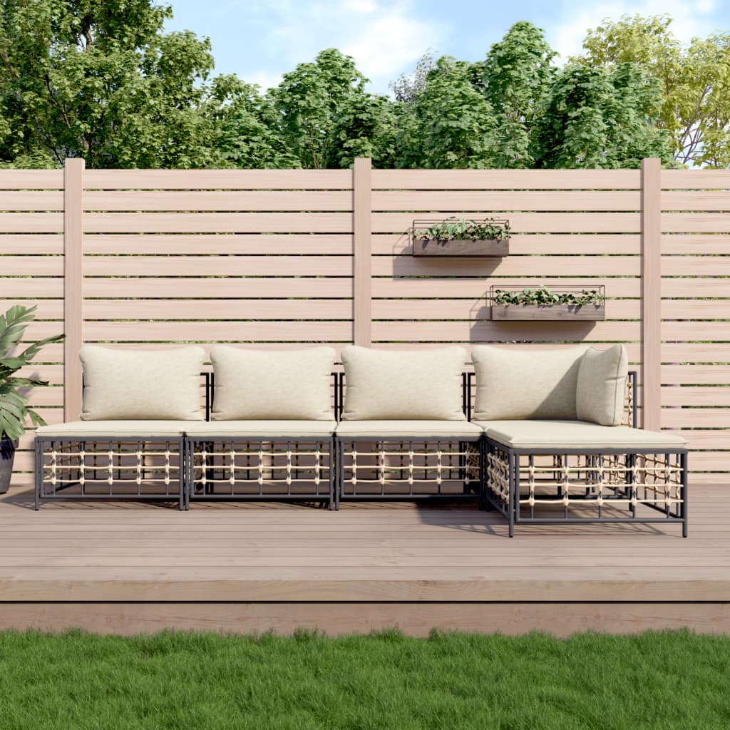 5-Delige Loungeset Met Kussens Poly Rattan Antracietkleurig