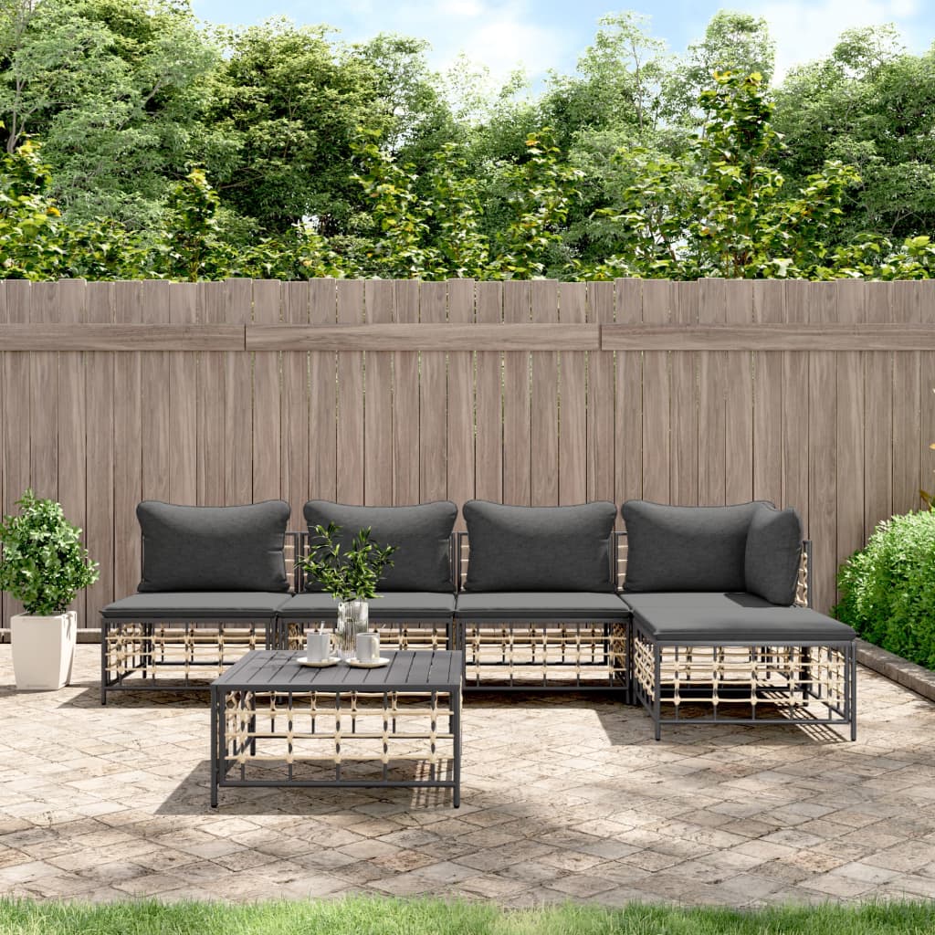 5-Delige Loungeset Met Kussens Poly Rattan Antracietkleurig