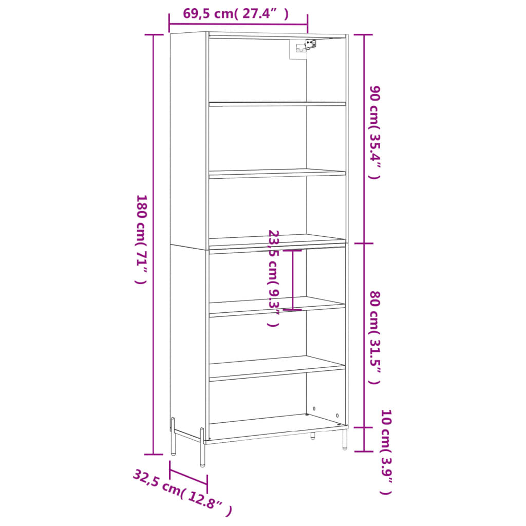 Hoge Kast 69,5X32,5X180 Cm Bewerkt Hout Eikenkleur