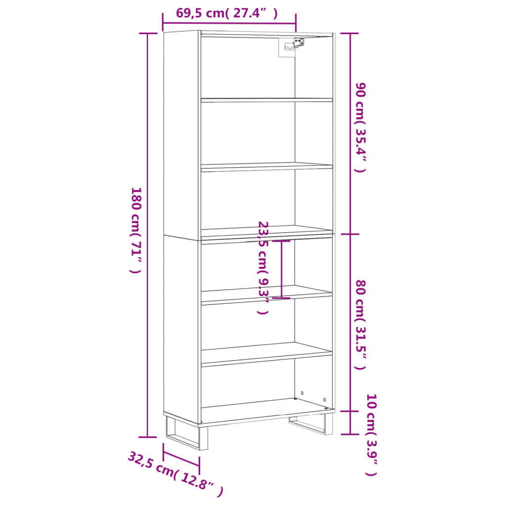 Hoge Kast 69,5X32,5X180 Cm Bewerkt Hout Eikenkleur