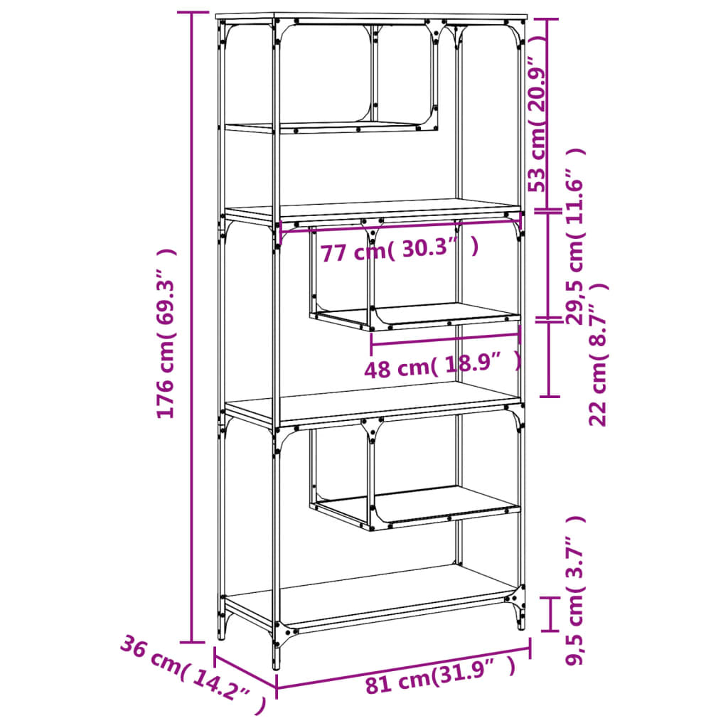 Boekenkast 81X36X176 Cm Bewerkt Hout Kleurig