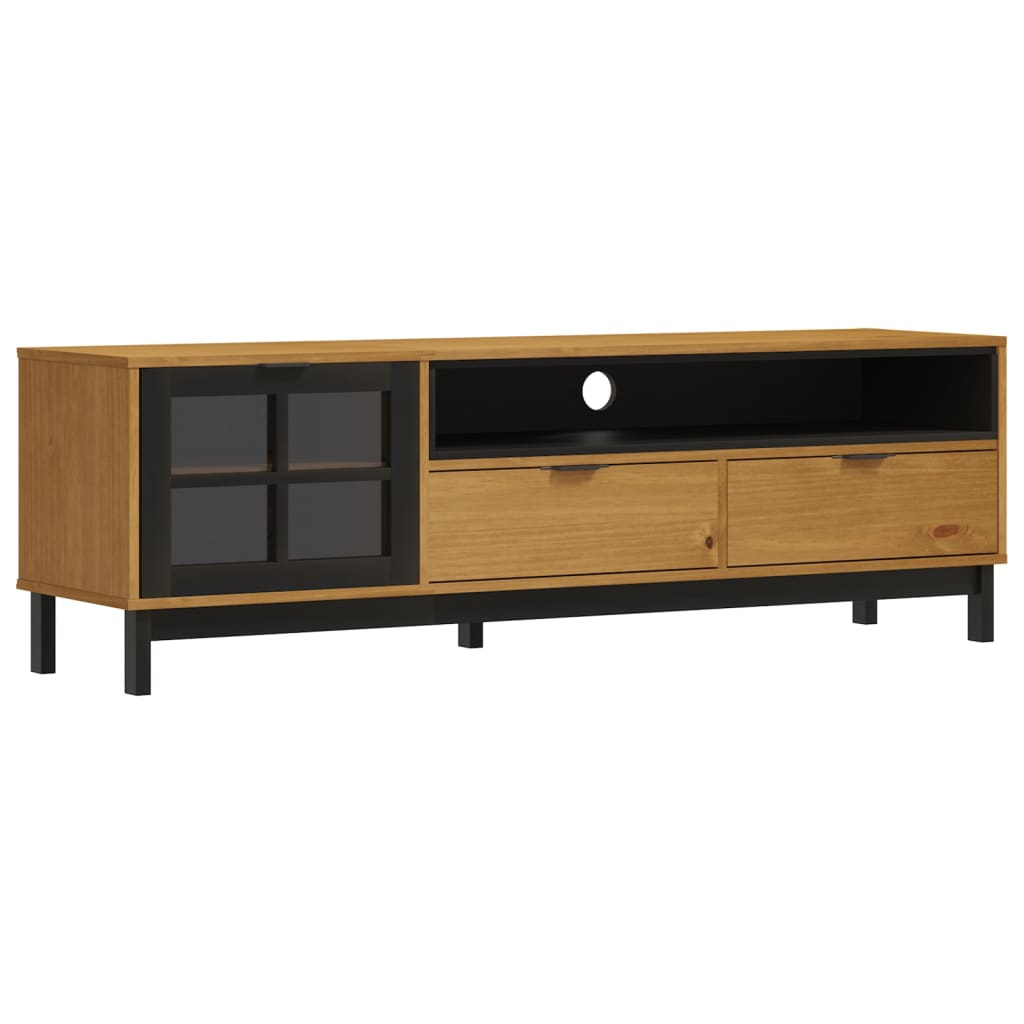 Tv-Meubel Met Glazen Deur Flam 158X40X50 Cm Massief Grenenhout Goud En Wit