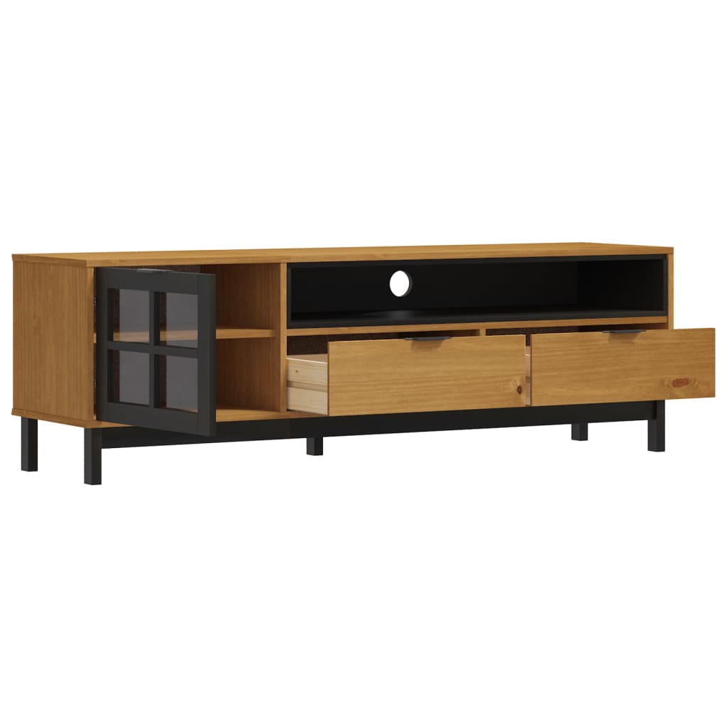 Tv-Meubel Met Glazen Deur Flam 158X40X50 Cm Massief Grenenhout Goud En Wit