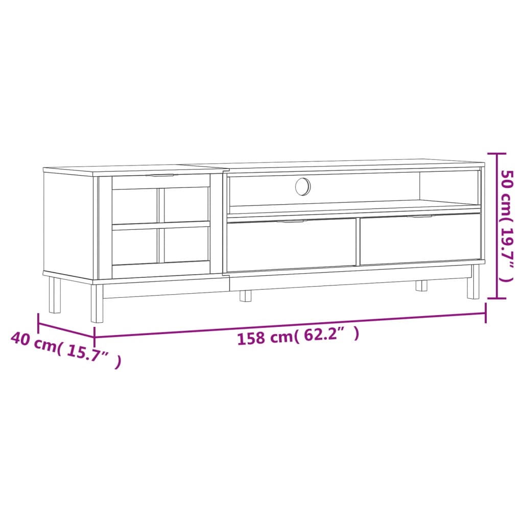 Tv-Meubel Met Glazen Deur Flam 158X40X50 Cm Massief Grenenhout Goud En Wit