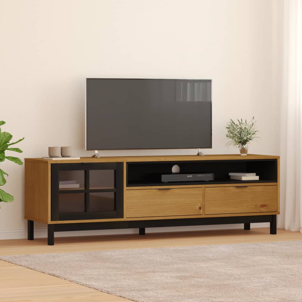 Tv-Meubel Met Glazen Deur Flam 158X40X50 Cm Massief Grenenhout Goud En Wit