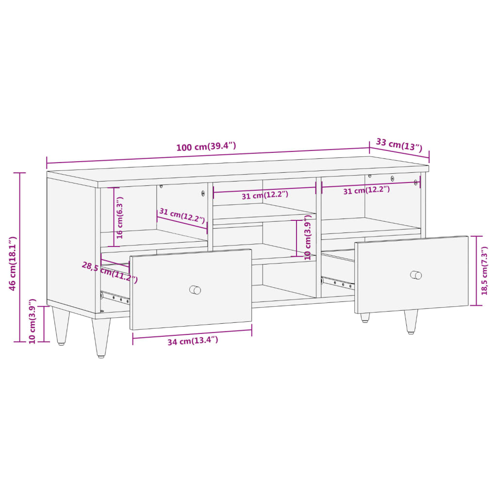 Tv-Meubel 100X33X46 Cm Massief Mangohout