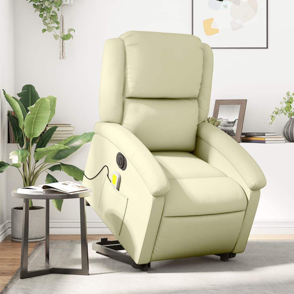 Sta-Op-Massagestoel Elektrisch Echt Leer Kleurig Crème