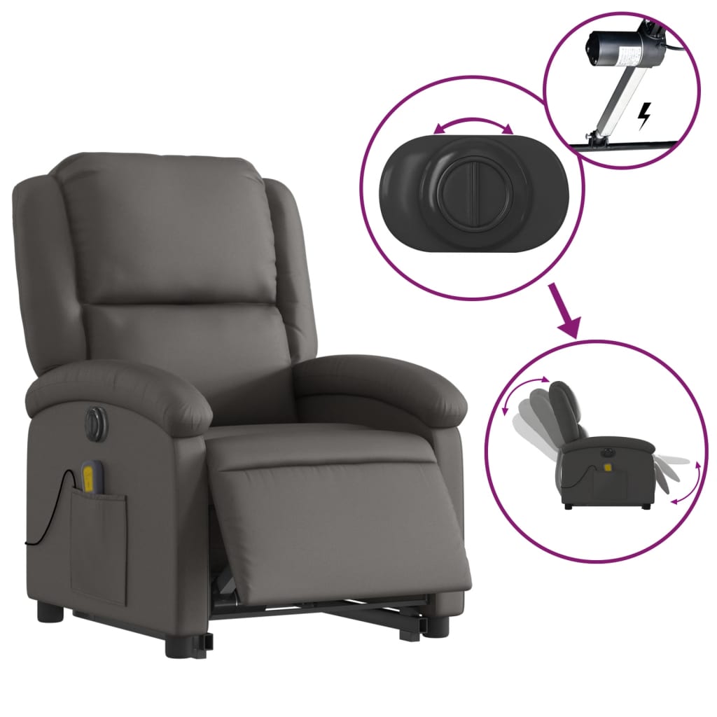 Sta-Op-Massagestoel Elektrisch Echt Leer Grijs