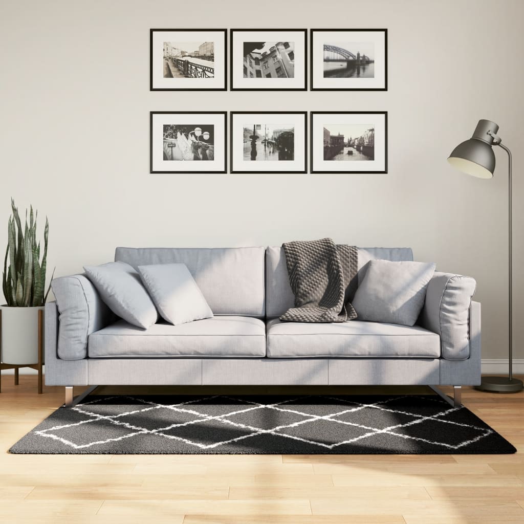 Vloerkleed Shaggy Hoogpolig Modern Zwart En Crème