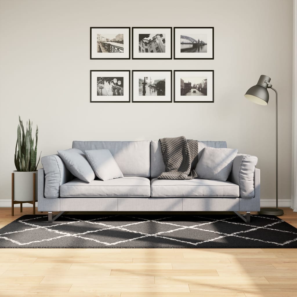 Vloerkleed Shaggy Hoogpolig Modern Zwart En Crème