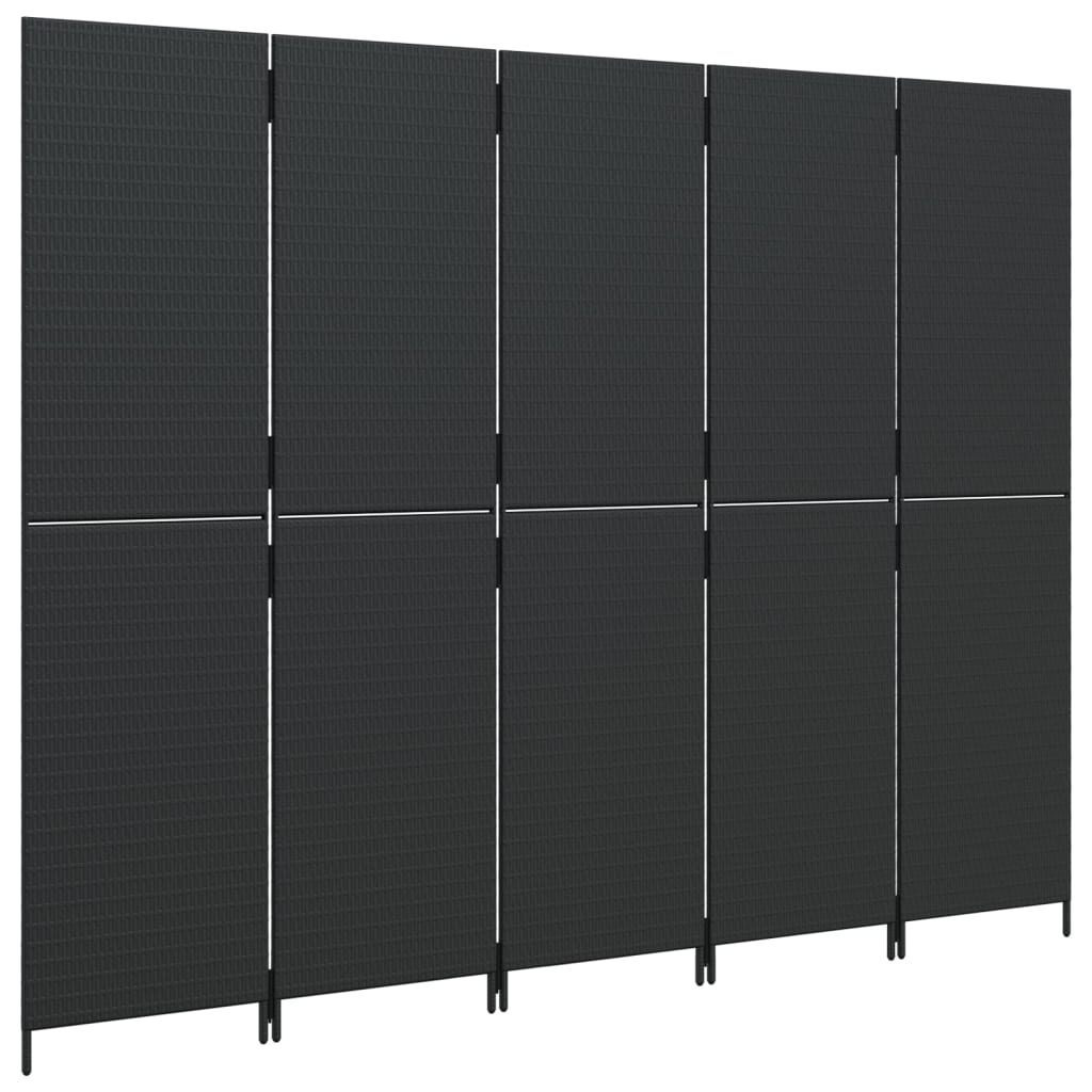 Kamerscherm 5 Panelen Poly Rattan Zwart