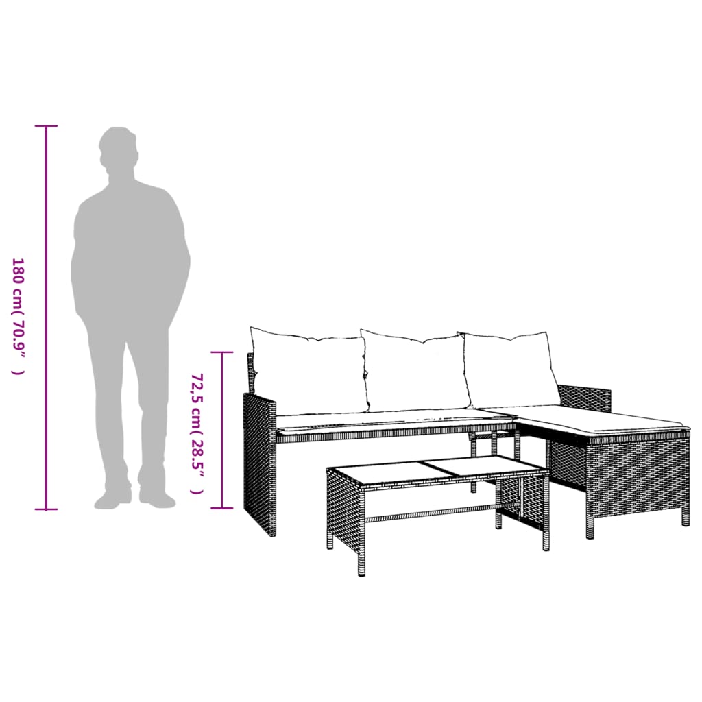 Tuinbank Met Tafel En Kussens L-Vormig Poly Rattan Zwart