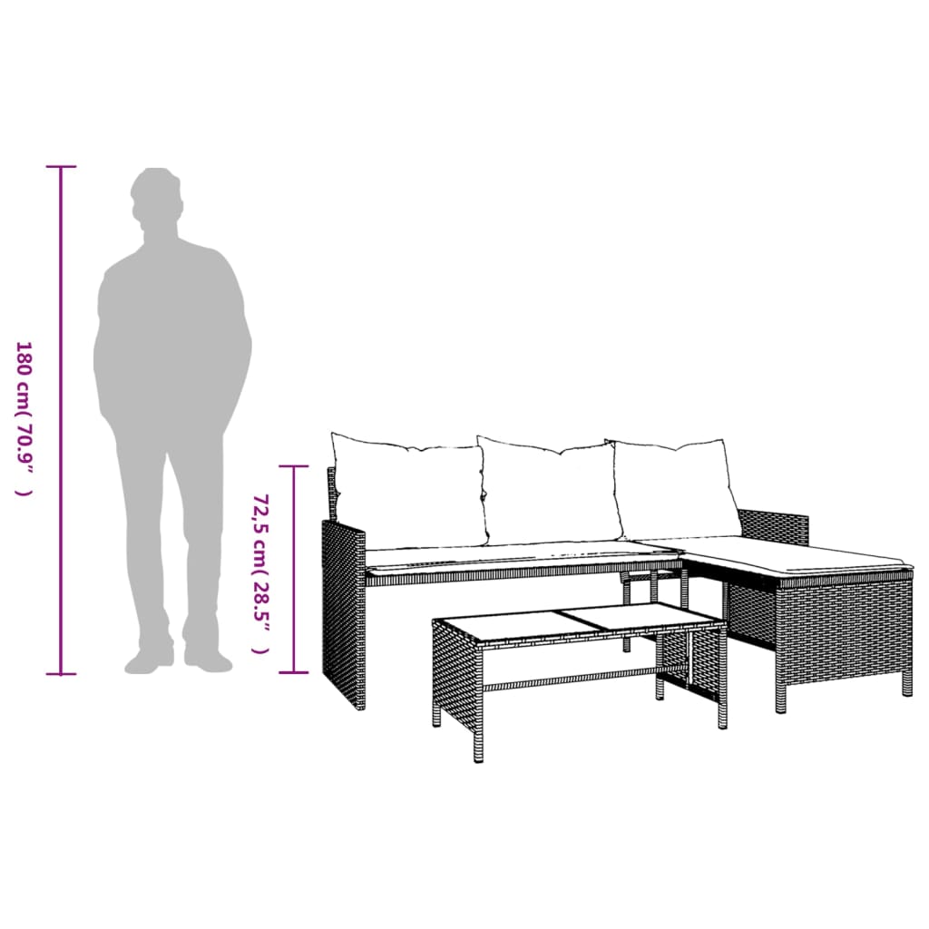 Tuinbank Met Tafel En Kussens L-Vormig Poly Rattan Bruin