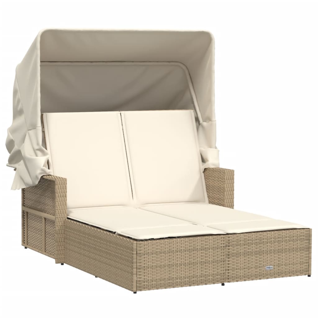 Ligbed 2-Persoons Met Luifel En Kussens Poly Rattan Beige