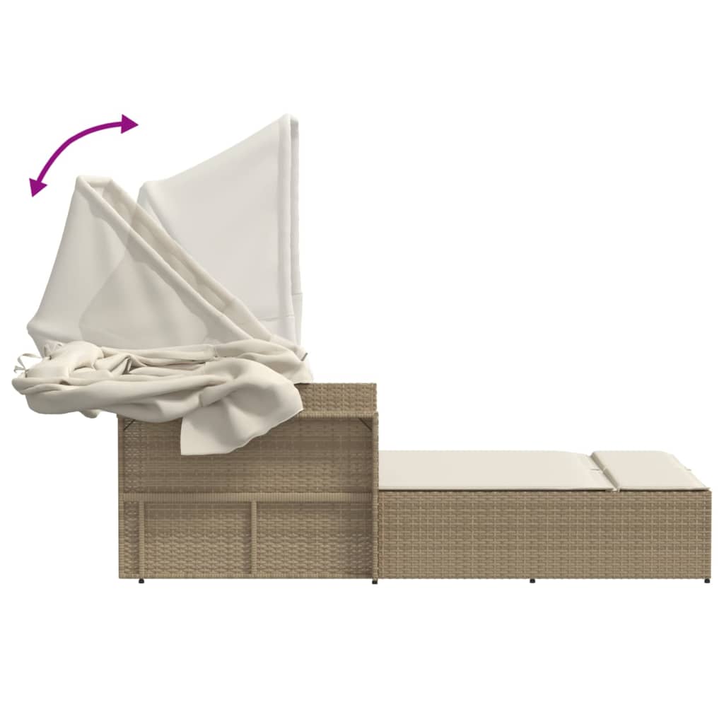 Ligbed 2-Persoons Met Luifel En Kussens Poly Rattan Beige