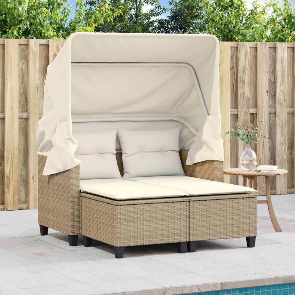 Tuinbank 2-Zits Met Luifel En Voetenbanken Poly Rattan Beige