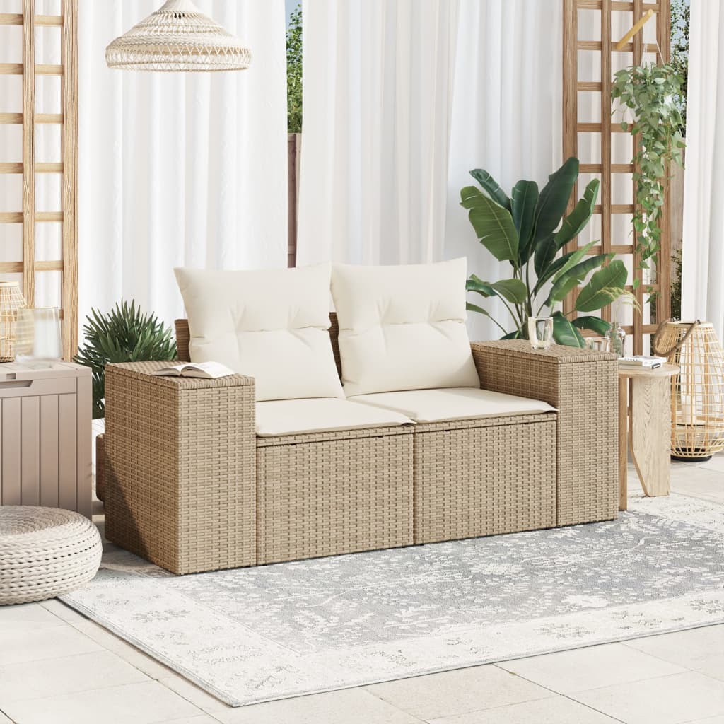 Tuinbank 2-Zits Met Kussens Poly Rattan Beige