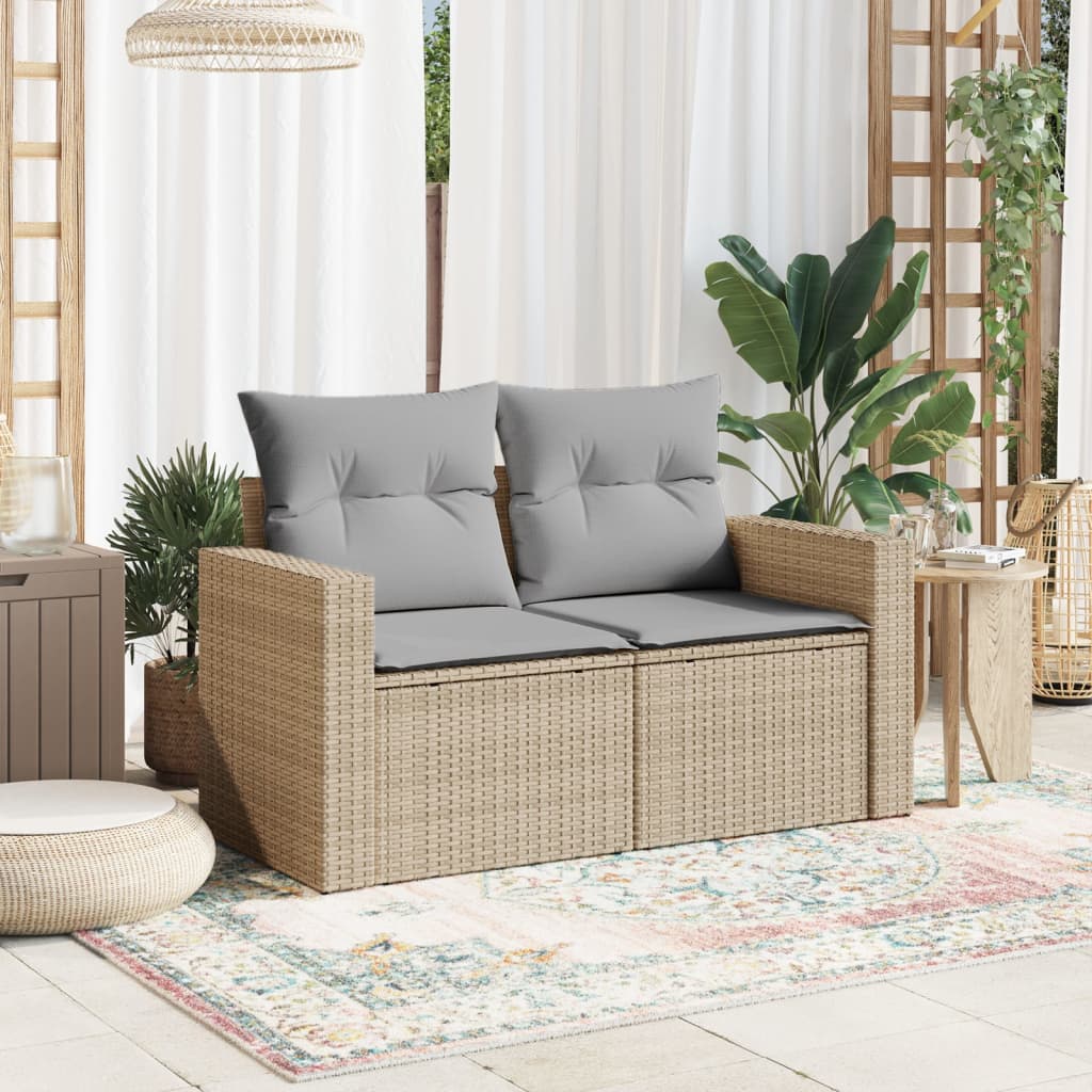 Tuinbank 2-Zits Met Kussens Poly Rattan Beige