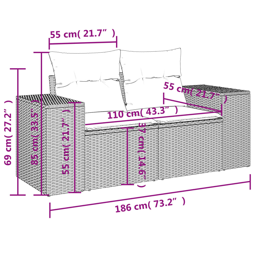 Tuinbank 2-Zits Met Kussens Poly Rattan Grijs