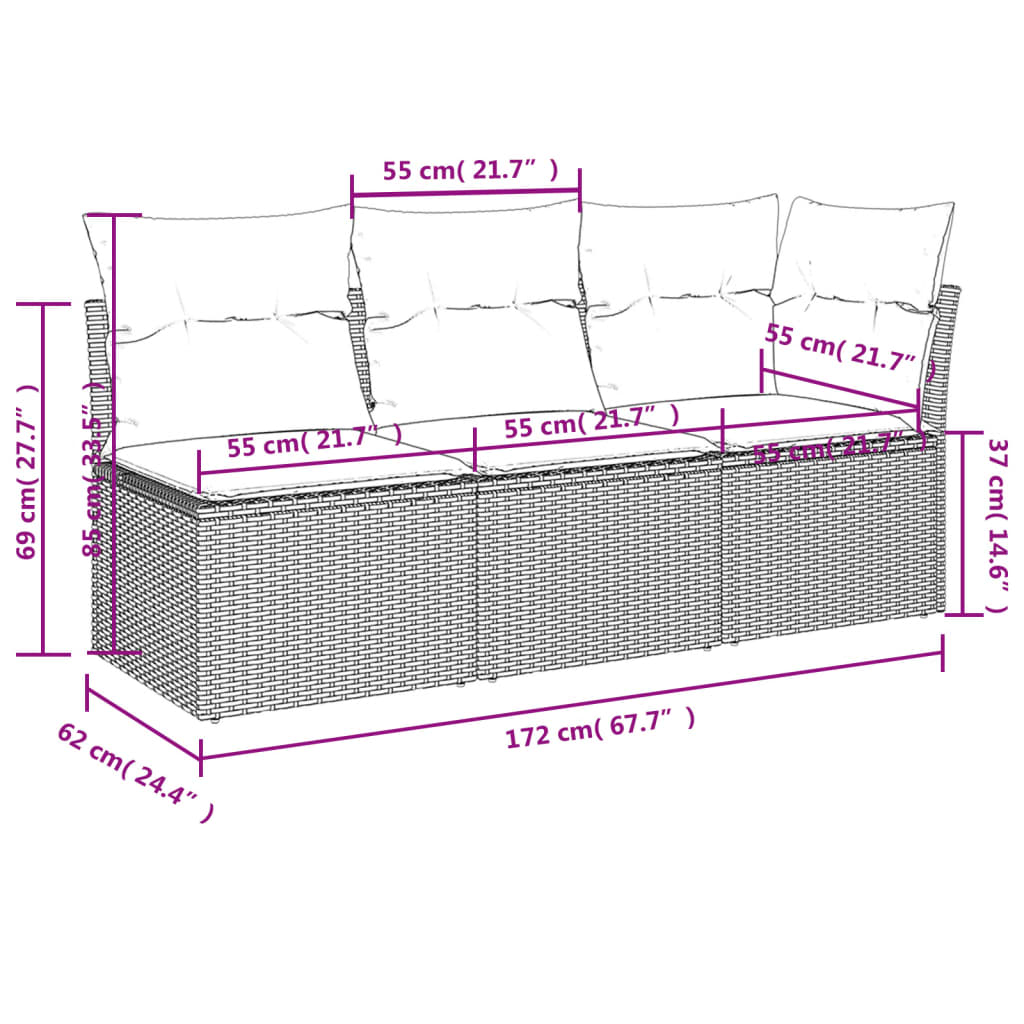 Tuinbank 3-Zits Met Kussens Poly Rattan Bruin