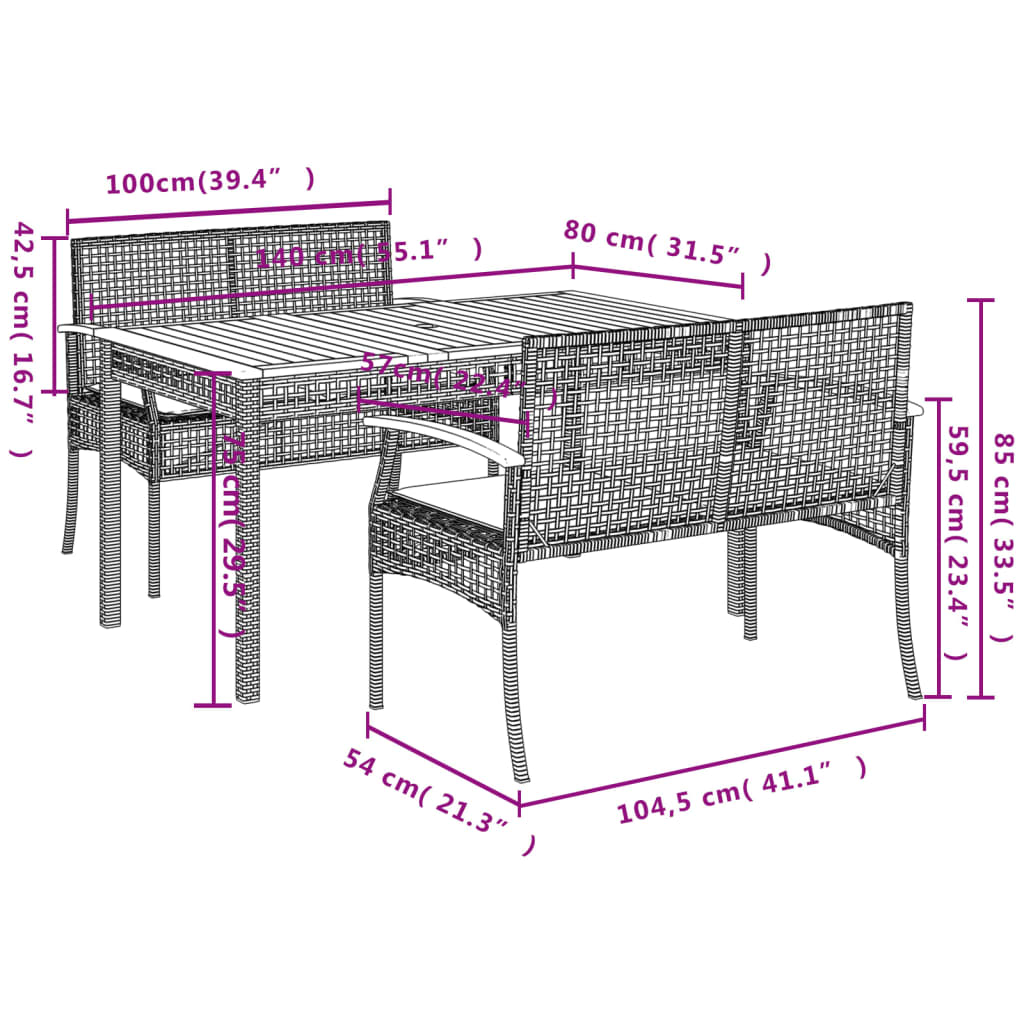 3-Delige Tuinset Met Kussens Poly Rattan Beige
