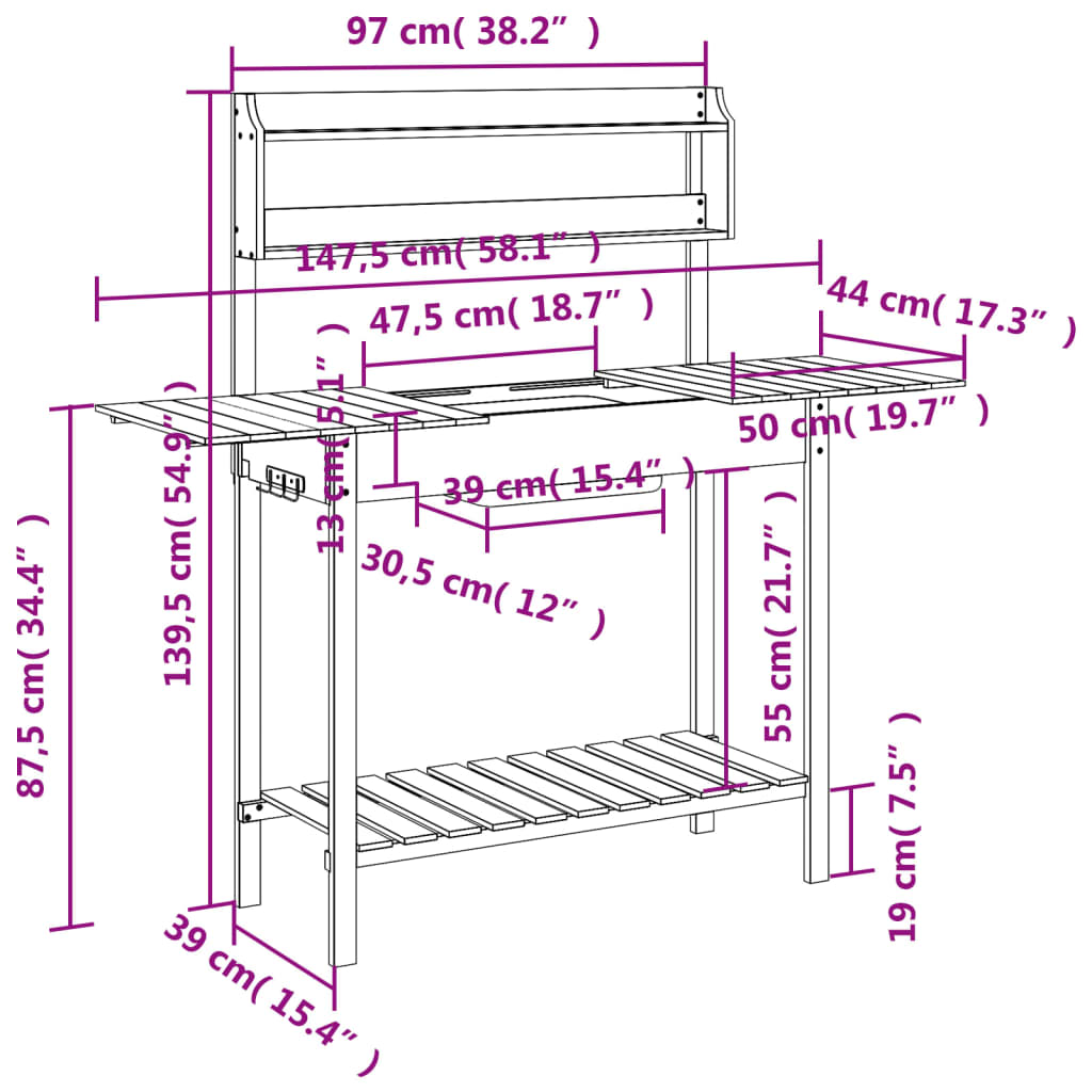 Oppottafel Met Spoelbak 147,5X44X139,5 Cm Vurenhout Bruin